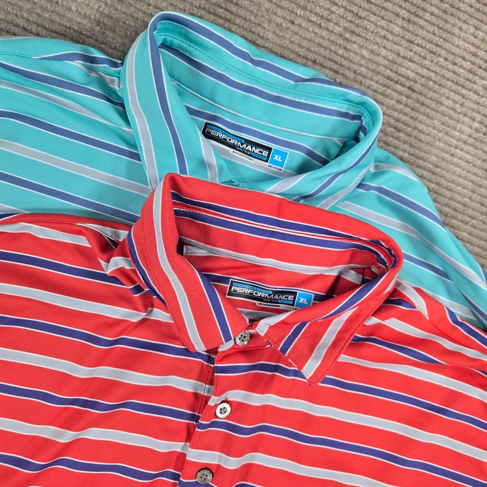 Roundtree & Yorke XL Red Teal Striped Performance Stretch Golf Polo Shirt 2pk